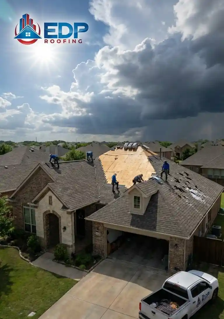 Illustration of EDP crew repairing Dallas roof after wind and hail