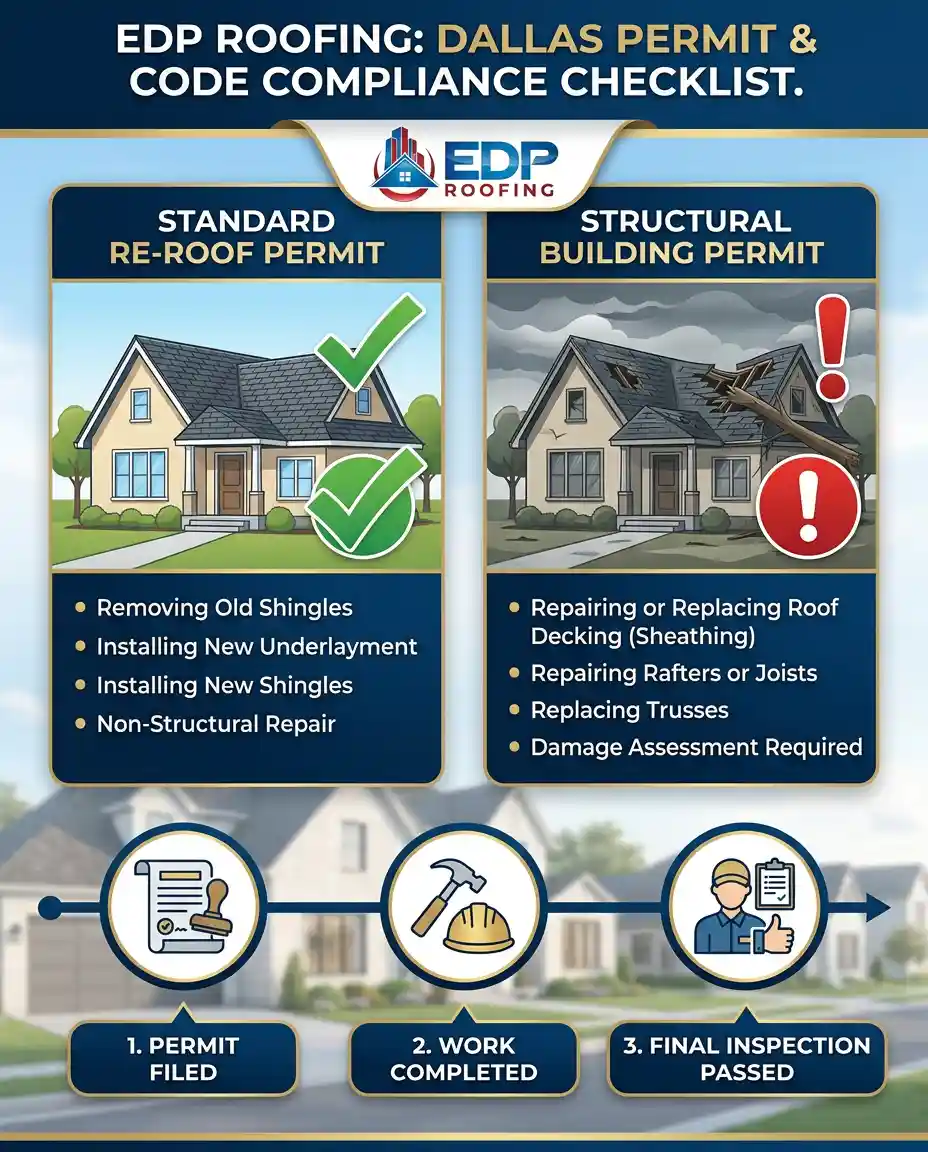 Service illustration of a modern architectural checklist comparing Standard Re-Roof and Structural Building permits for Dallas, TX properties, illustrating EDP Roofing's code compliance standard.
