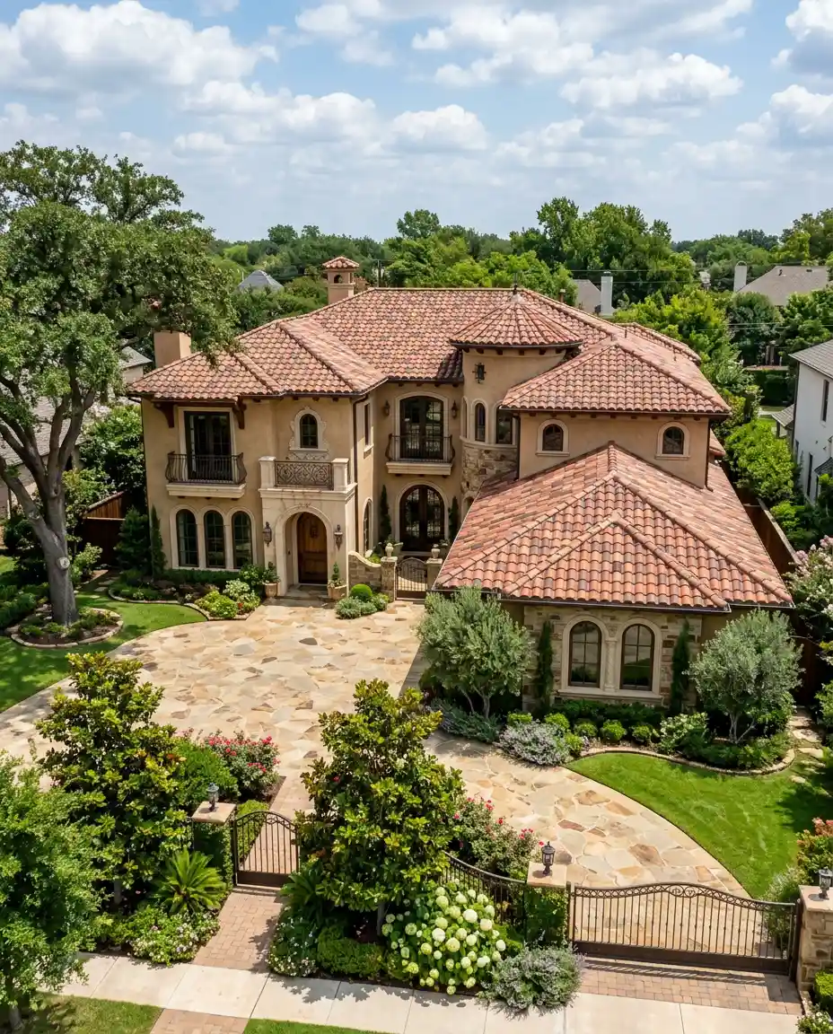 luxury Spanish-style estate in University Park, TX, featuring a multi-tonal clay tile roof