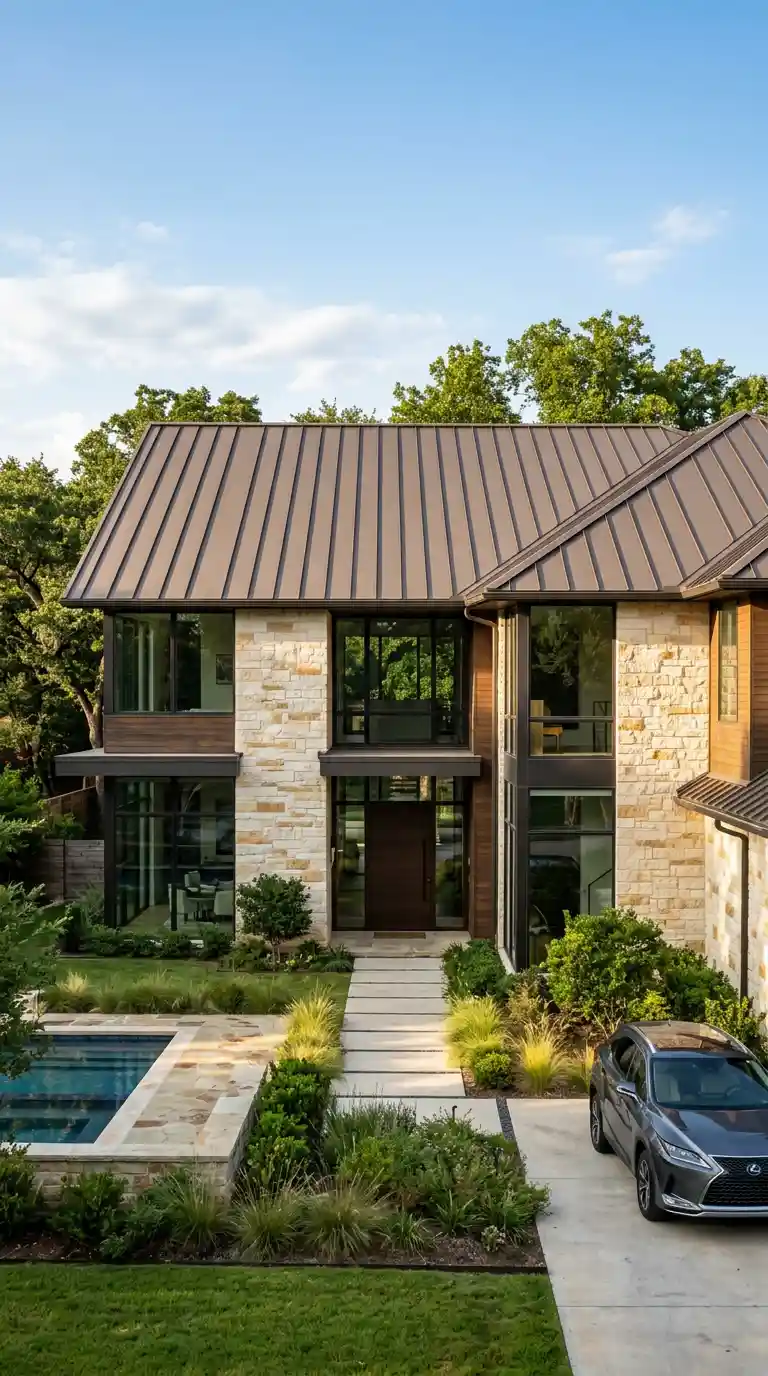 architectural photo of a Dallas residential home featuring a matte bronze standing seam metal roof