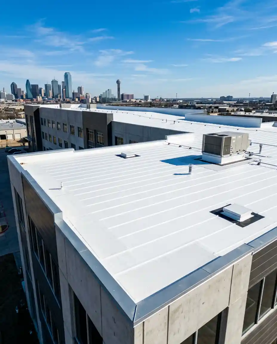 bright white TPO roof installation on a mid-sized Dallas commercial building